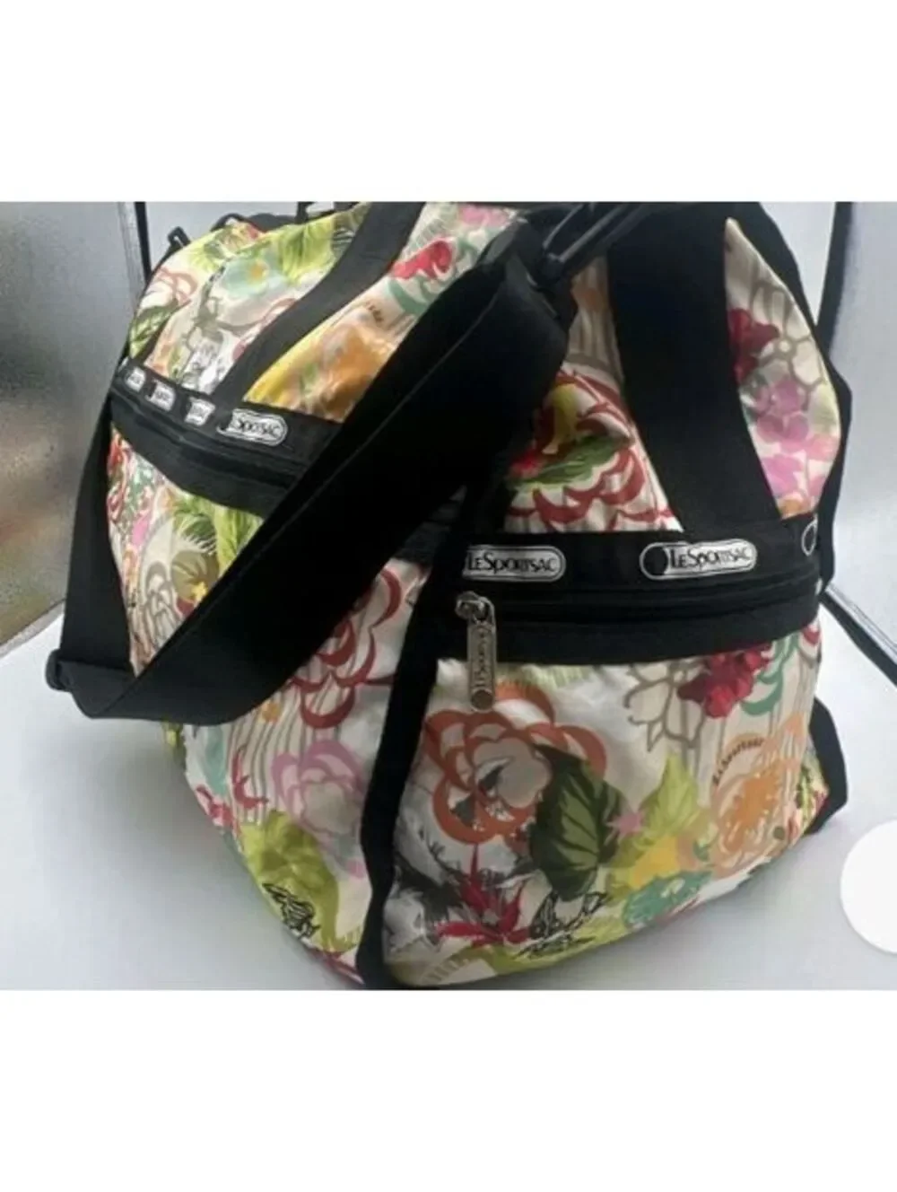 LeSportsac Large Floral Print Duffel Bag with Black Straps and Multiple Zippers